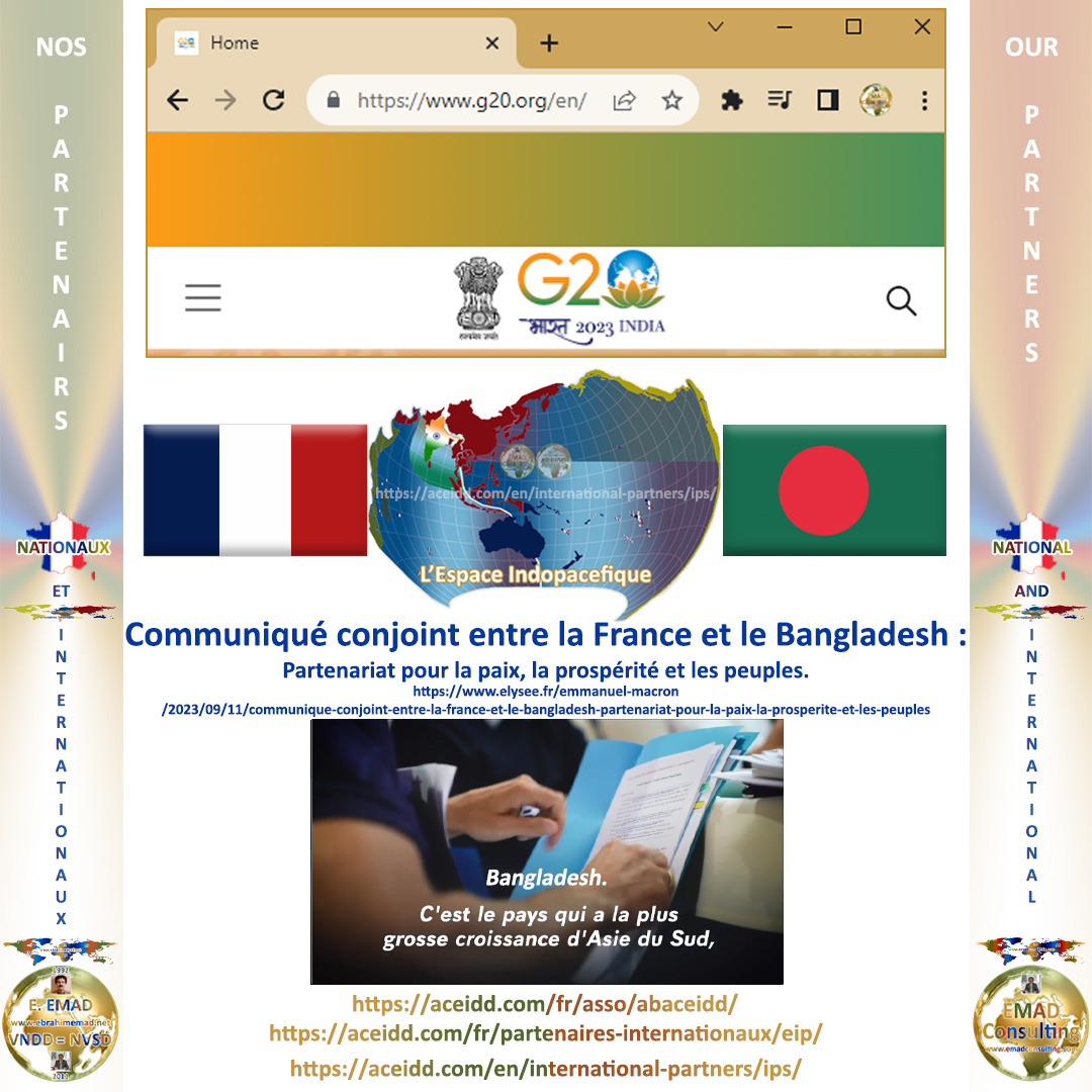 Partenaires internationaux - Espace de l'Indopacifique - G20 - Communiqué conjoint entre la France et le Bangladesh
